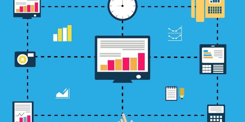 Illustration of interconnected office tools, including charts, documents, a clock, computer monitor, calculator, phone, and notepad on a blue background.