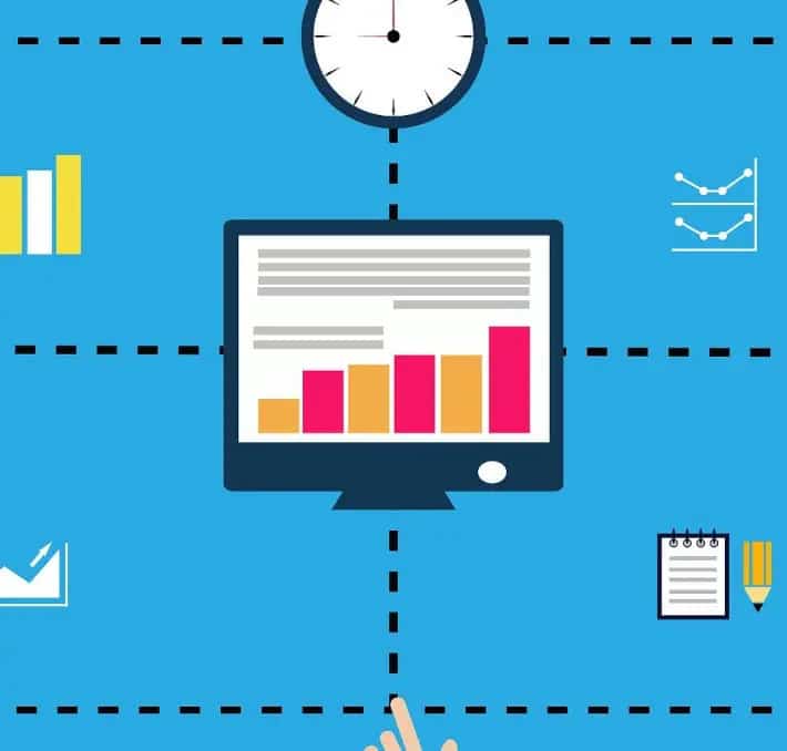 Illustration of a computer screen displaying a bar chart, surrounded by a clock and charts, depicting data analysis and time management.