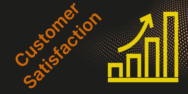 Orange text Customer Satisfaction beside a yellow upward-trending bar graph on a black background with dotted patterns.