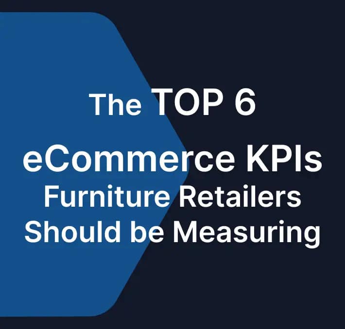 Text graphic with the title: The TOP 6 eCommerce KPIs Furniture Retailers Should be Measuring on a dark background with a blue geometric shape.