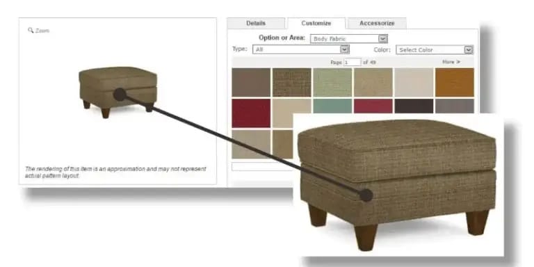 A digital tool displays a fabric selection interface for customizing an ottoman, highlighting the chosen brown fabric option on the furniture.