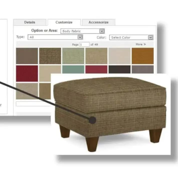A brown upholstered ottoman is shown with a digital fabric color selection interface in the background.