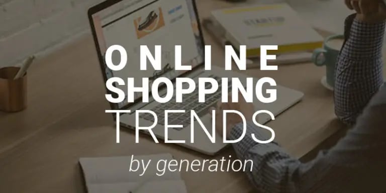 A person sits at a desk using a laptop to browse shoes online, with the text ONLINE SHOPPING TRENDS by generation overlaid on the image.