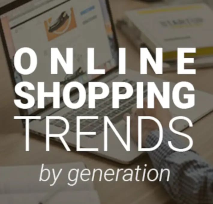 Text overlay on image of a person using a laptop: Online Shopping Trends by generation.