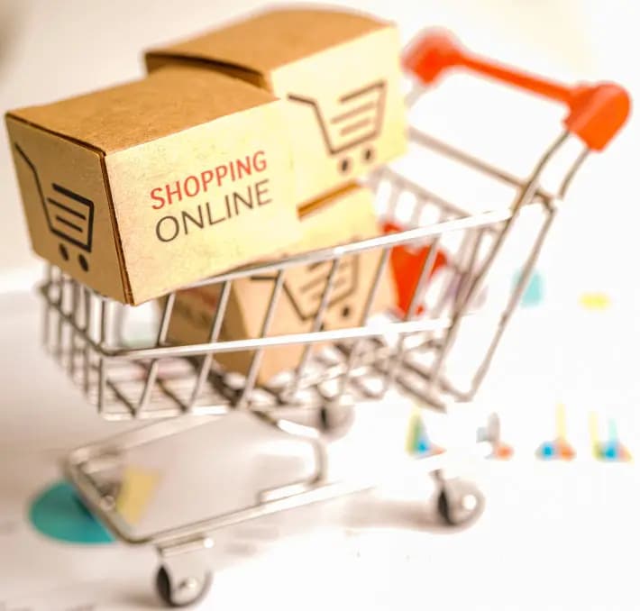 A small shopping cart holds two cardboard boxes labeled Shopping Online with shopping cart icons.
