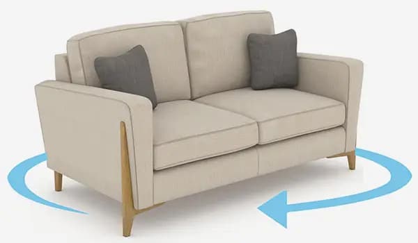 A beige two-seater sofa with wooden legs and two dark gray cushions, shown with a blue circular arrow indicating rotation around the sofa.