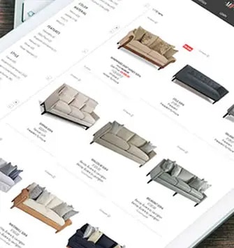 Tablet screen displaying an online shopping website with various sofa options, each shown with prices, descriptions, and different upholstery colors.